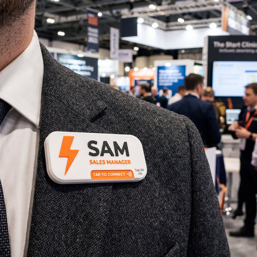 Magnetic NFC name badge worn at an exhibition