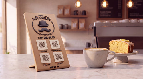 NFC and QR counter stand on a cafe counter